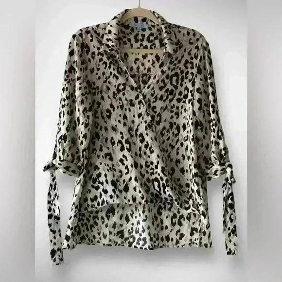 She + Sky Tops - LEOPARD Print WRAP Front BLOUSE With Tie Sleeves High Low Black White Small